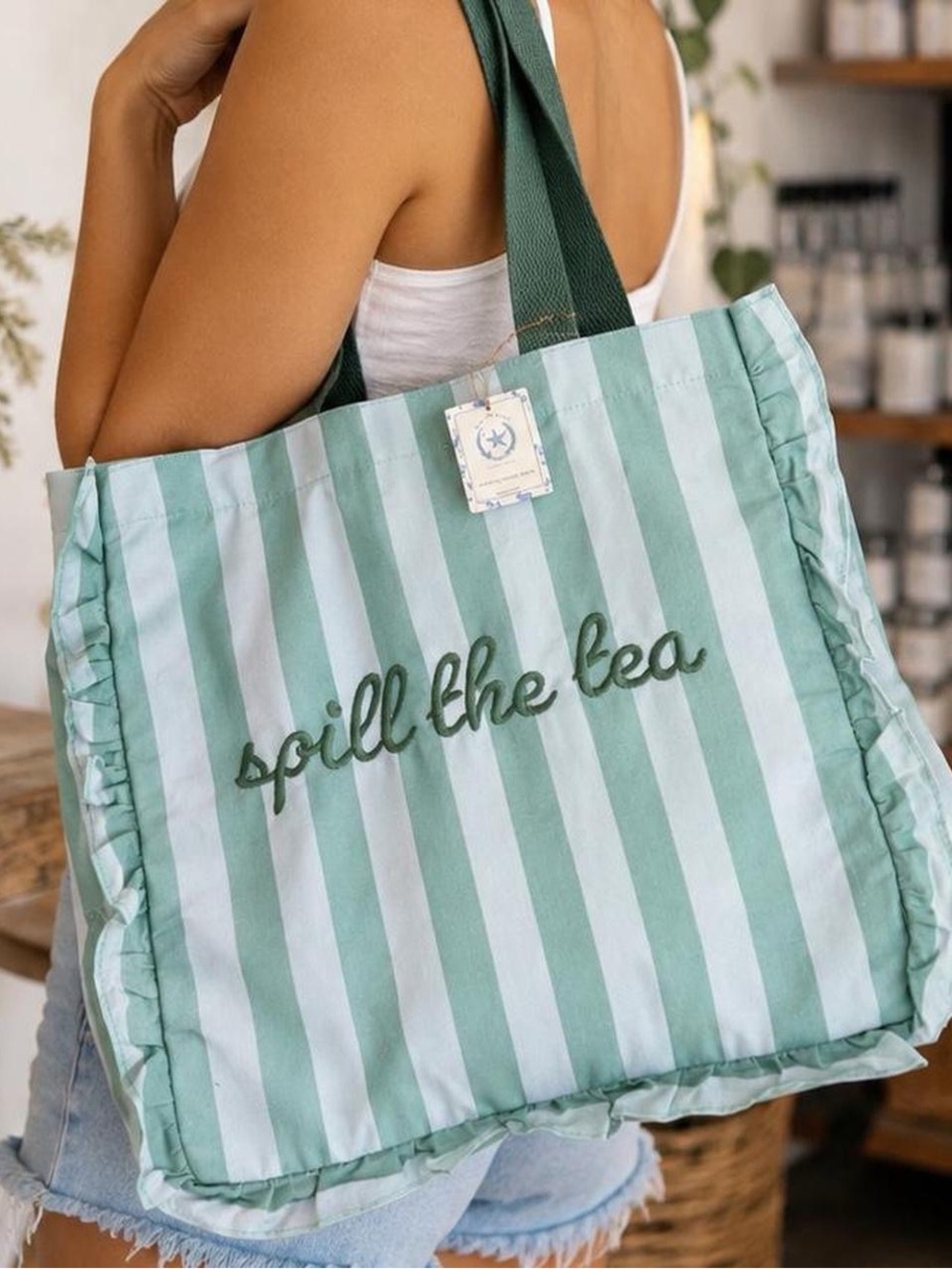 Spill The Tea Ruffled Canvas Tote Bag | Mint Green Striped Embroidered Shoulder
